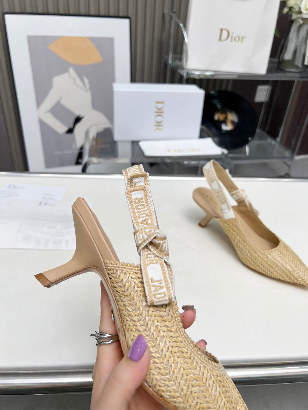 J'ADIOR SLINGBACK PUMP NATURAL RAFFIA AND BEIGE EMBROIDERED COTTON 65 MM