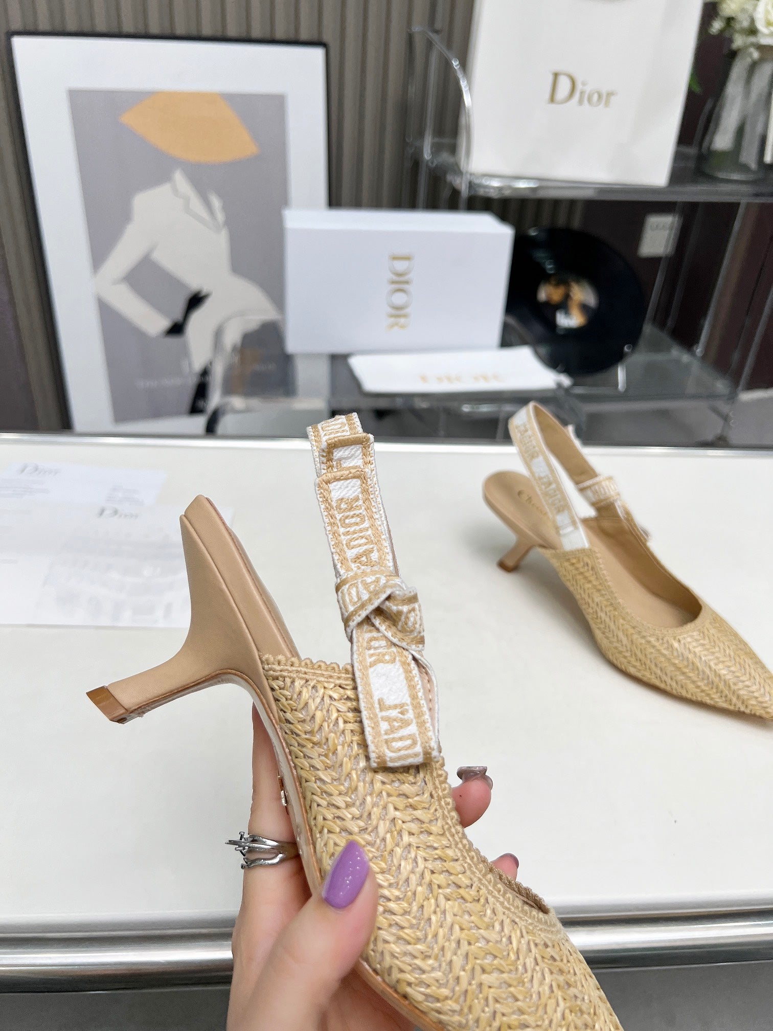 J'ADIOR SLINGBACK PUMP NATURAL RAFFIA AND BEIGE EMBROIDERED COTTON 65 MM