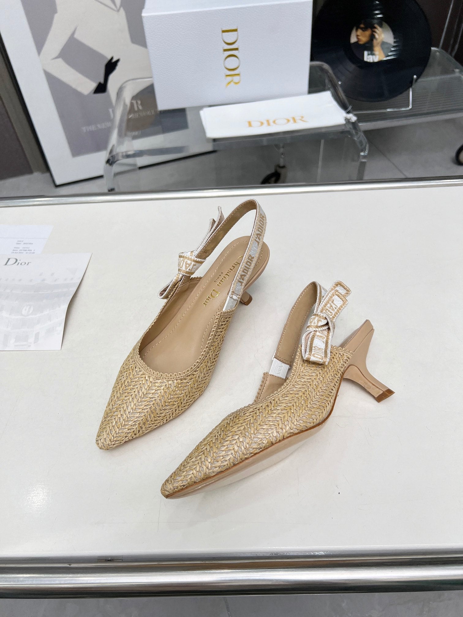 J'ADIOR SLINGBACK PUMP NATURAL RAFFIA AND BEIGE EMBROIDERED COTTON 65 MM
