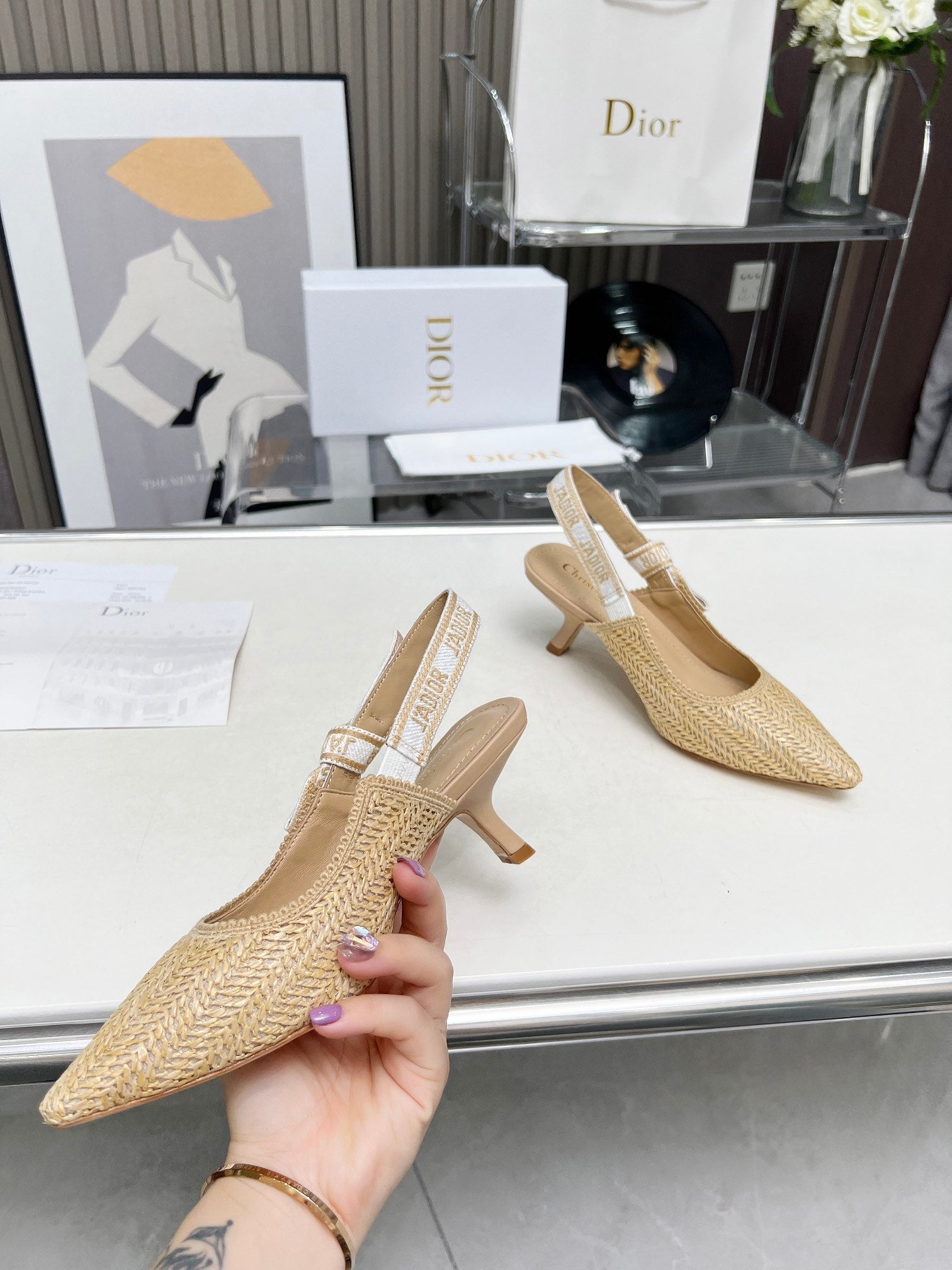 J'ADIOR SLINGBACK PUMP NATURAL RAFFIA AND BEIGE EMBROIDERED COTTON 65 MM