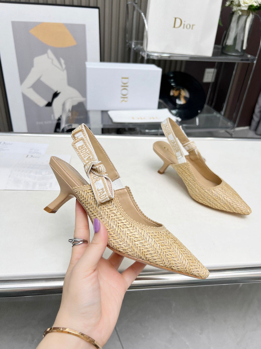 J'ADIOR SLINGBACK PUMP NATURAL RAFFIA AND BEIGE EMBROIDERED COTTON 65 MM