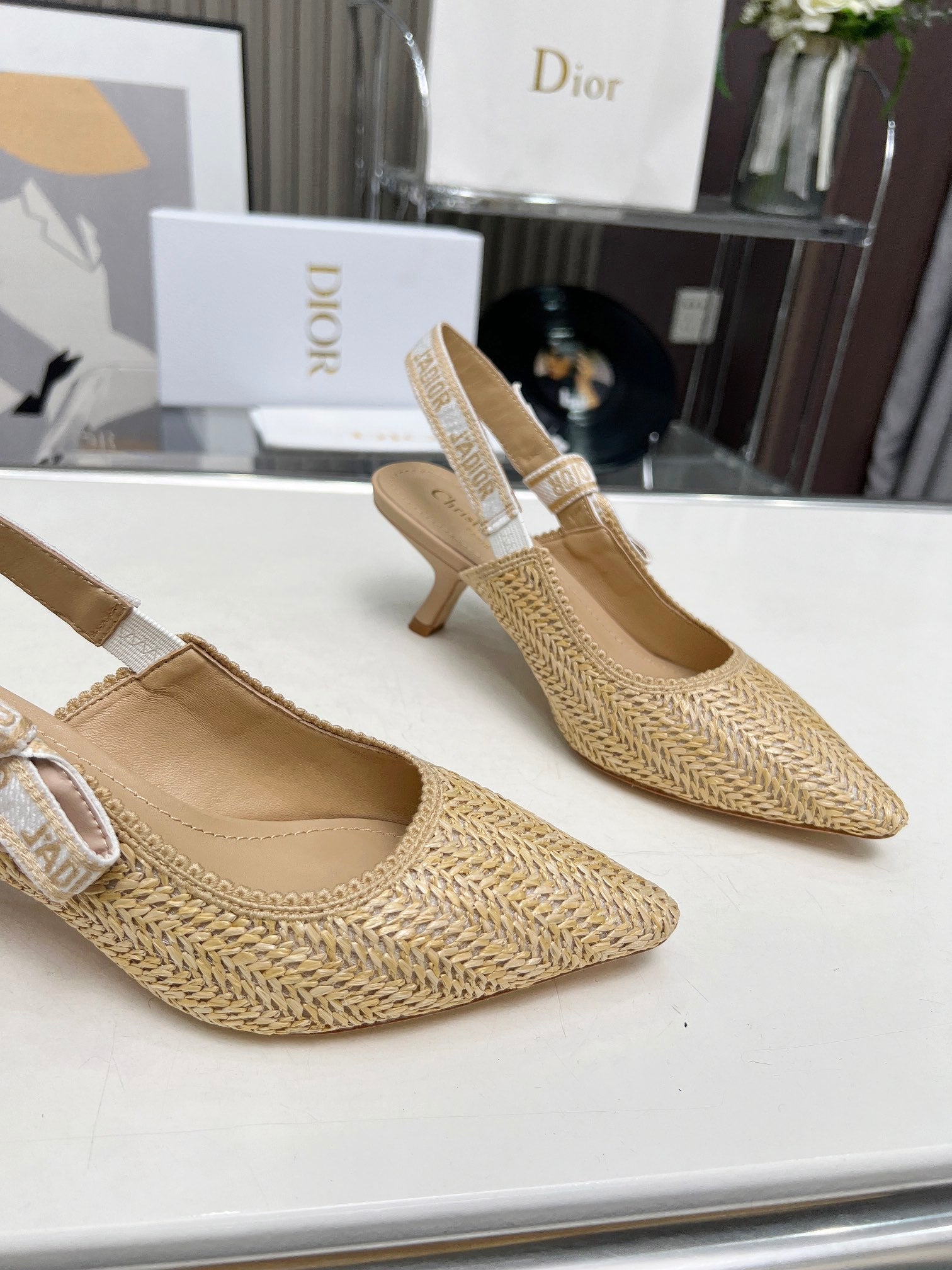 J'ADIOR SLINGBACK PUMP NATURAL RAFFIA AND BEIGE EMBROIDERED COTTON 65 MM