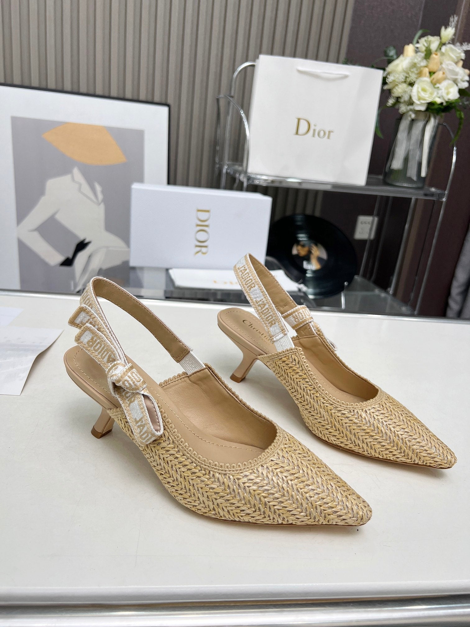 J'ADIOR SLINGBACK PUMP NATURAL RAFFIA AND BEIGE EMBROIDERED COTTON 65 MM