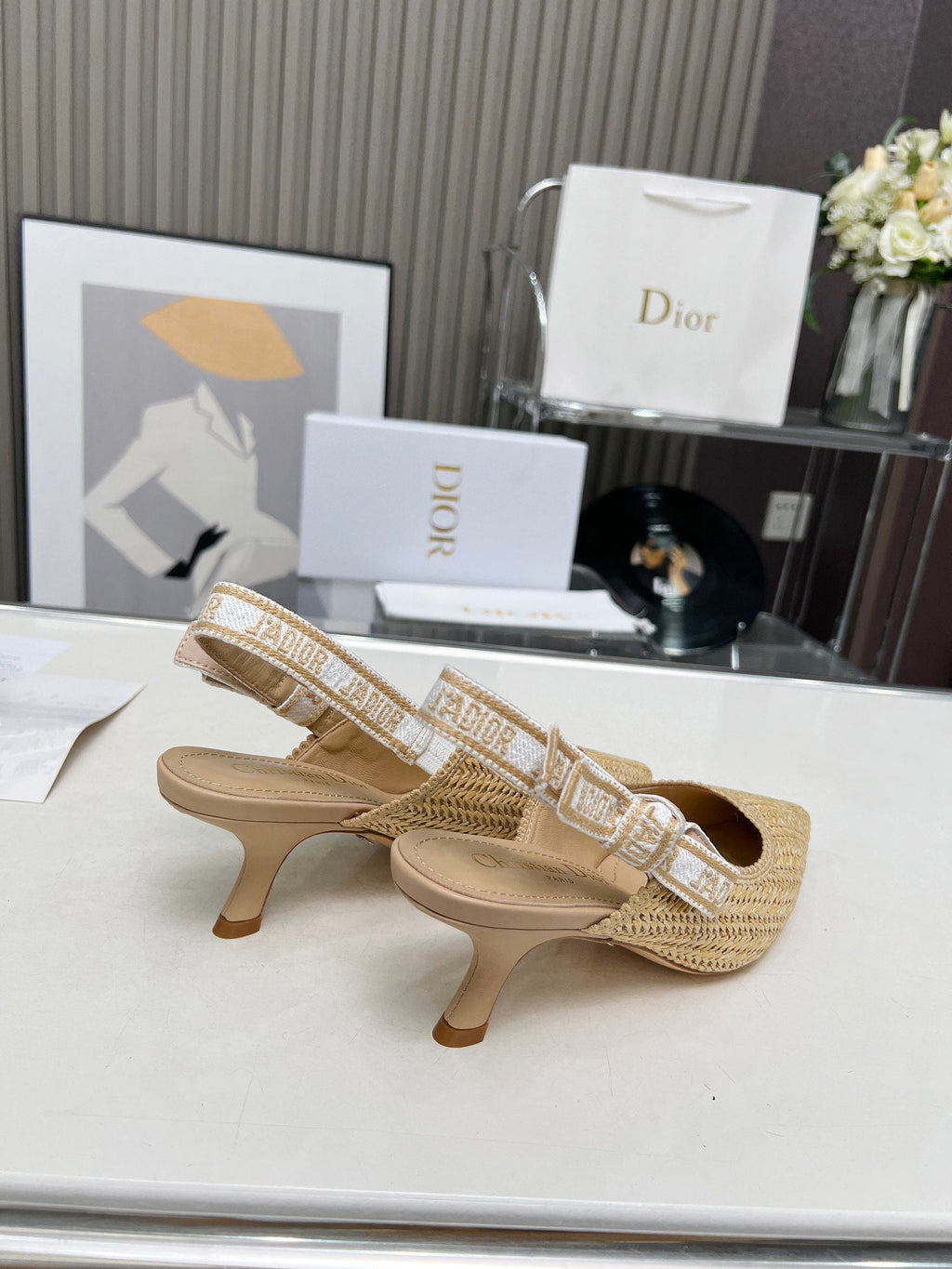 J'ADIOR SLINGBACK PUMP NATURAL RAFFIA AND BEIGE EMBROIDERED COTTON 65 MM