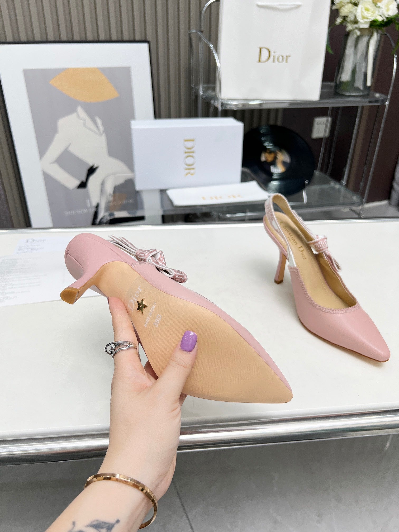 J'ADIOR SLINGBACK PUMP LIGHT PINK CALFSKIN AND EMBROIDERED FABRIC 10 CM