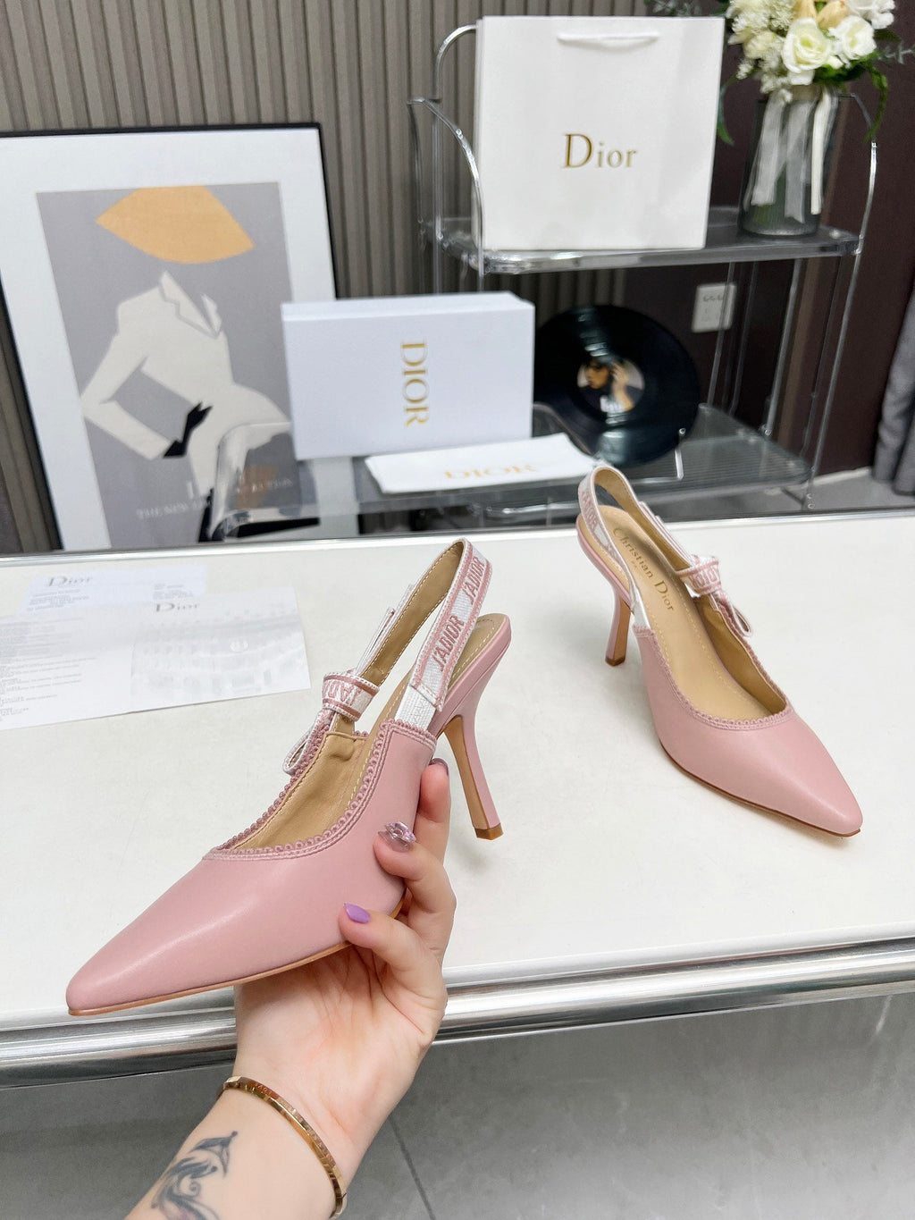 J'ADIOR SLINGBACK PUMP LIGHT PINK CALFSKIN AND EMBROIDERED FABRIC 10 CM