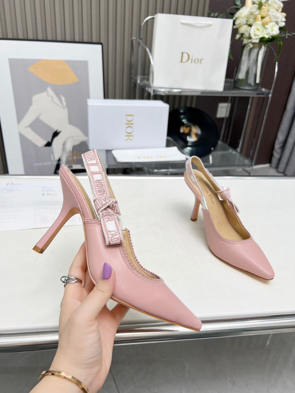 J'ADIOR SLINGBACK PUMP LIGHT PINK CALFSKIN AND EMBROIDERED FABRIC 10 CM