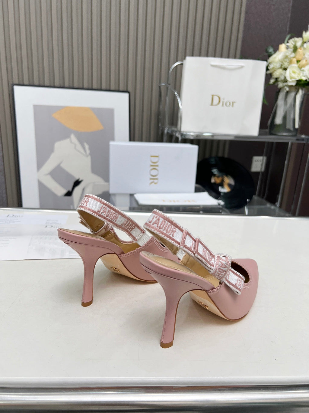 J'ADIOR SLINGBACK PUMP LIGHT PINK CALFSKIN AND EMBROIDERED FABRIC 10 CM