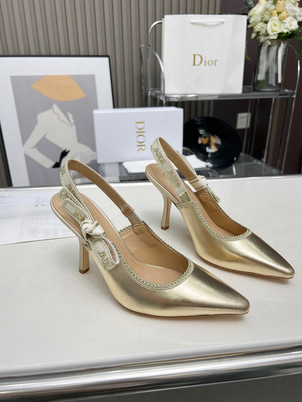 J'ADIOR SLINGBACK PUMP LIGHT GOLD CALFSKIN AND EMBROIDERED FABRIC 10 CM