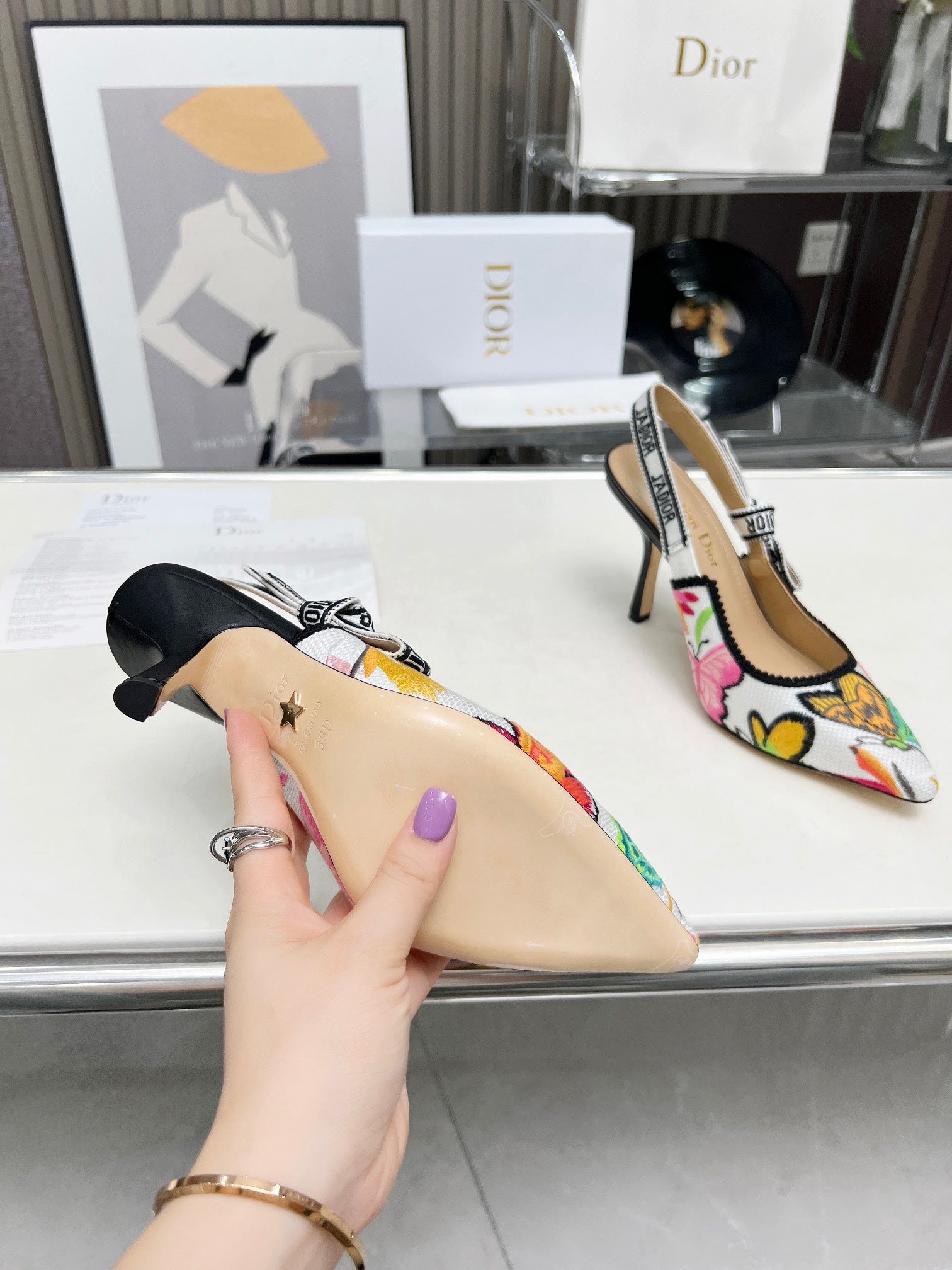 J'ADIOR SLINGBACK PUMP COLORFUL NATURAL RAFFIA AND EMBROIDERED COTTON 10 CM 130857