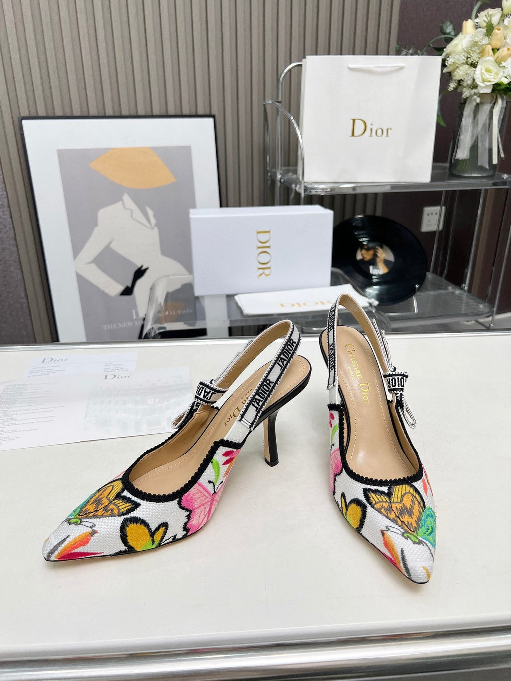 J'ADIOR SLINGBACK PUMP COLORFUL NATURAL RAFFIA AND EMBROIDERED COTTON 10 CM 130857