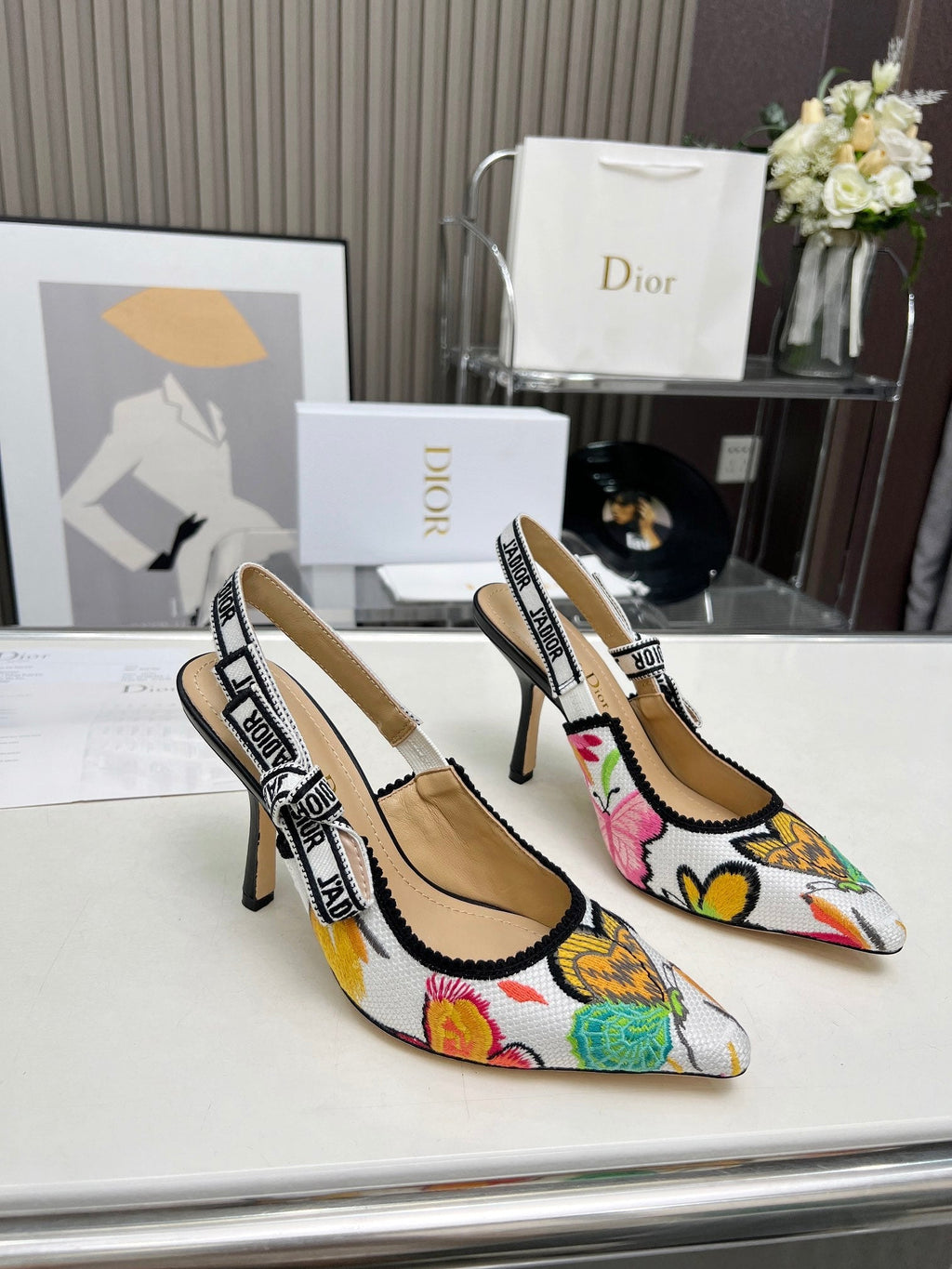 J'ADIOR SLINGBACK PUMP COLORFUL NATURAL RAFFIA AND EMBROIDERED COTTON 10 CM 130857