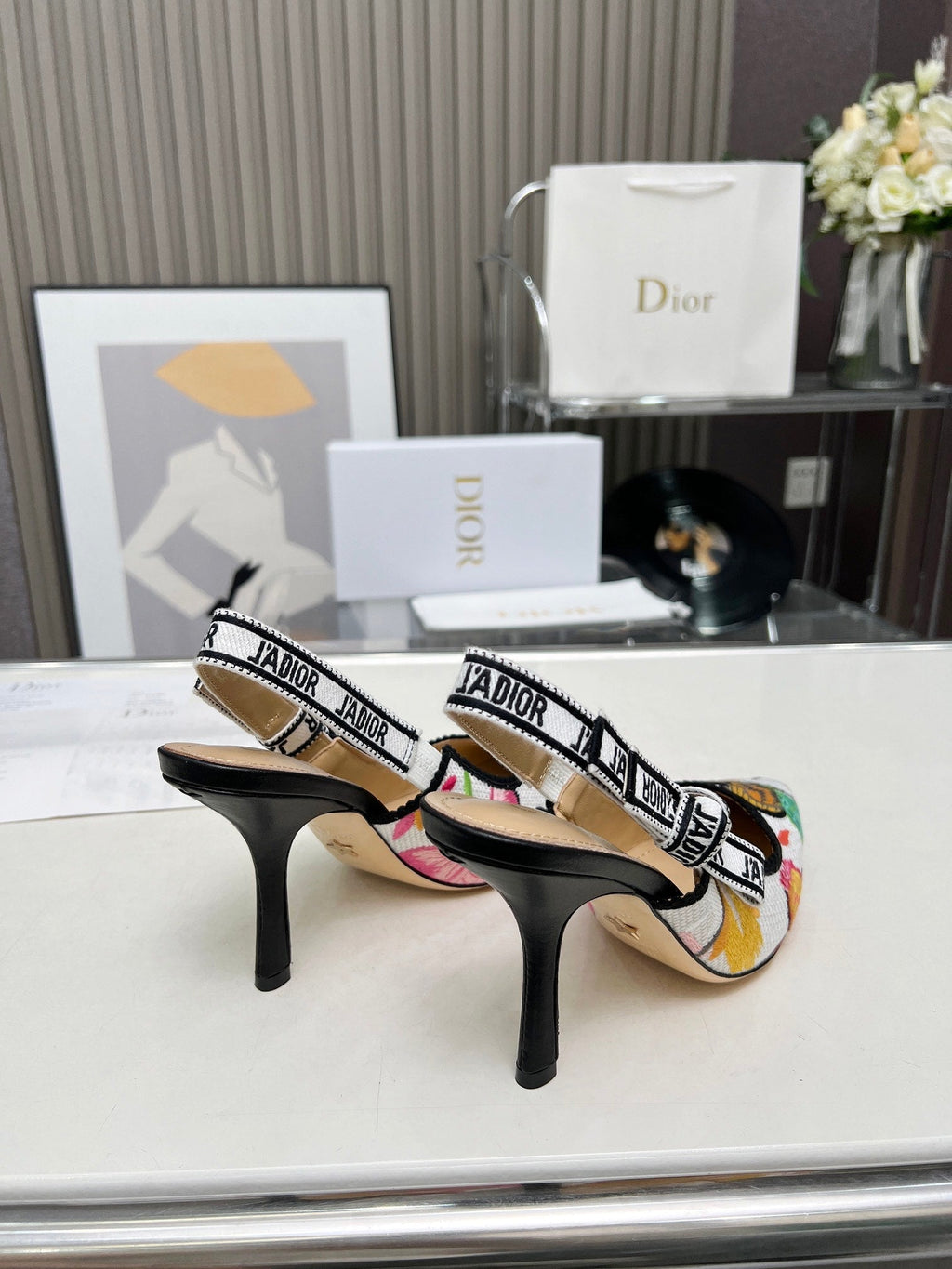 J'ADIOR SLINGBACK PUMP COLORFUL NATURAL RAFFIA AND EMBROIDERED COTTON 10 CM 130857