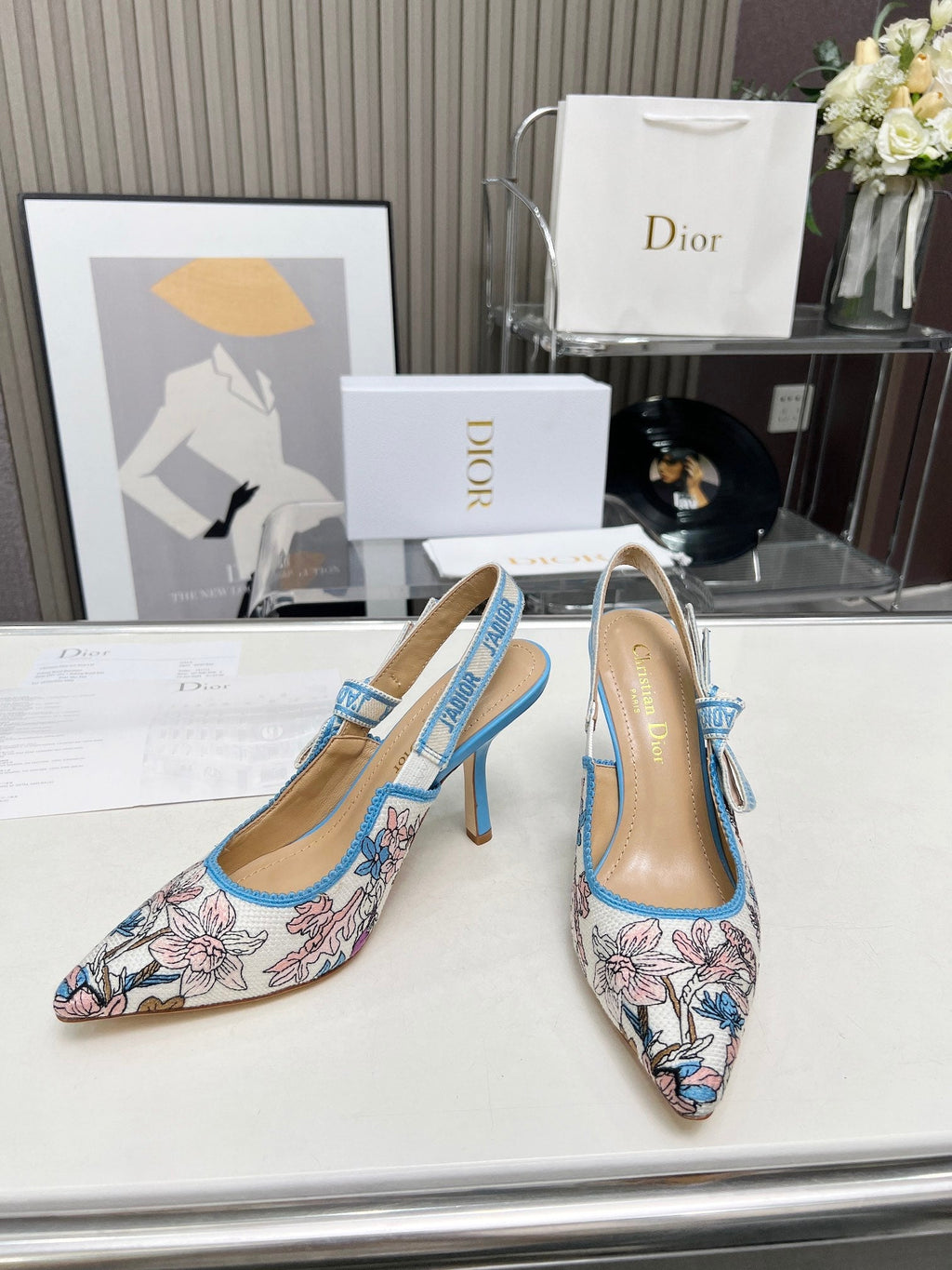 J'ADIOR SLINGBACK PUMP COLORFUL NATURAL RAFFIA AND EMBROIDERED COTTON 10 CM 130858