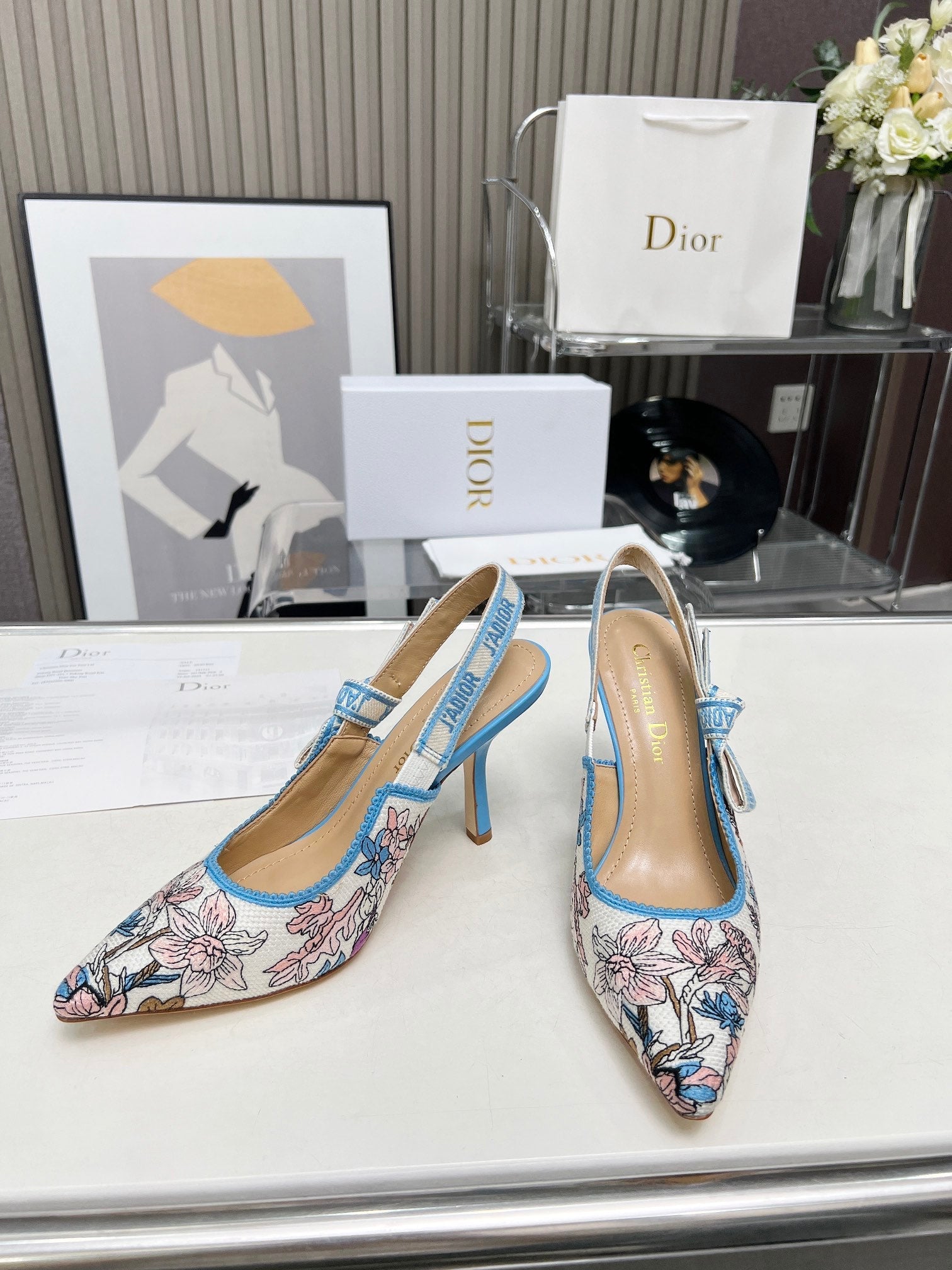 J'ADIOR SLINGBACK PUMP COLORFUL NATURAL RAFFIA AND EMBROIDERED COTTON 10 CM 130858