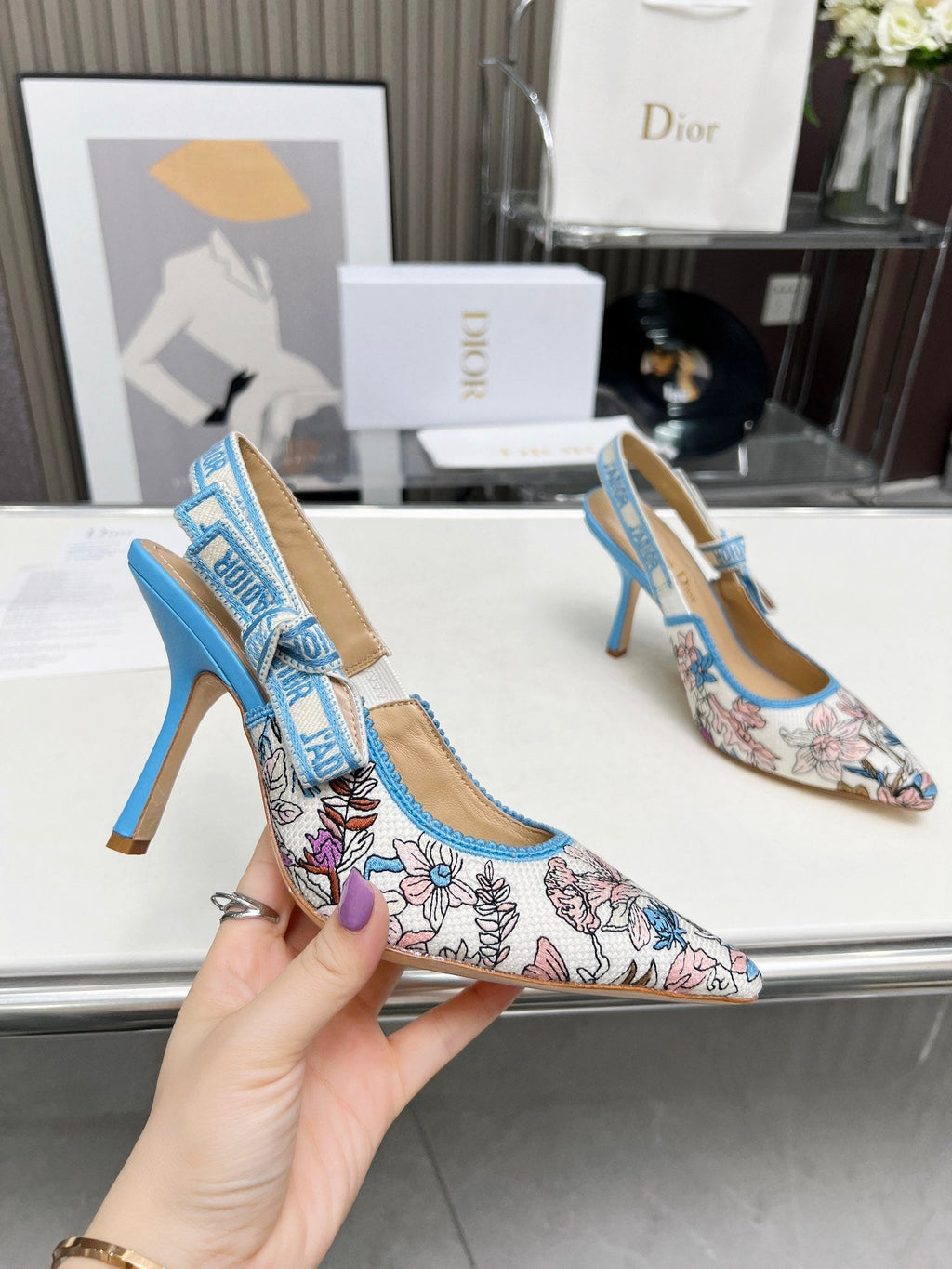 J'ADIOR SLINGBACK PUMP COLORFUL NATURAL RAFFIA AND EMBROIDERED COTTON 10 CM 130858