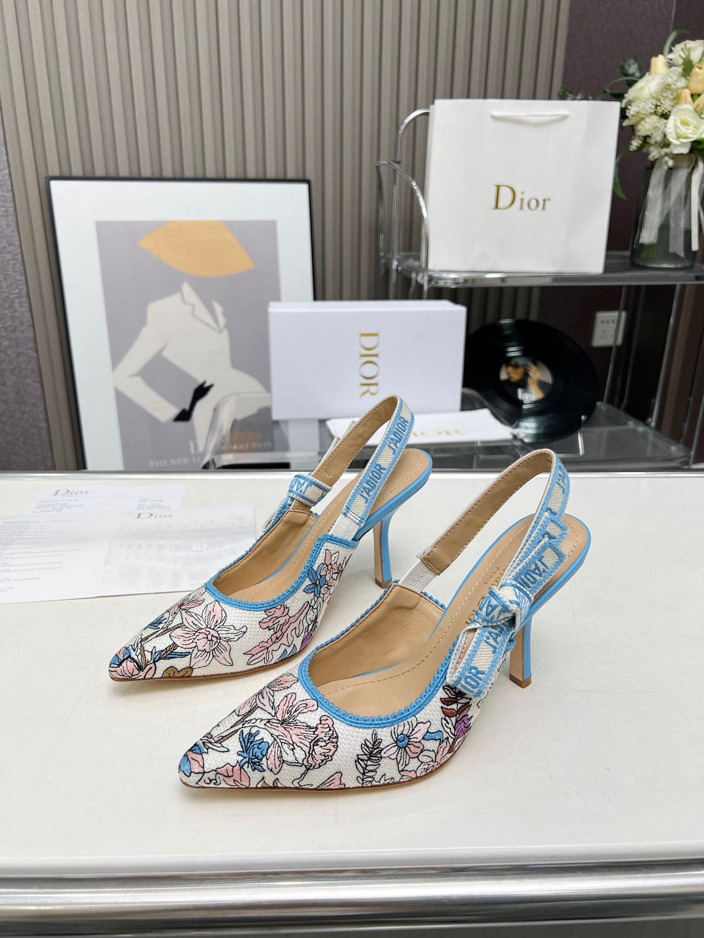 J'ADIOR SLINGBACK PUMP COLORFUL NATURAL RAFFIA AND EMBROIDERED COTTON 10 CM 130858