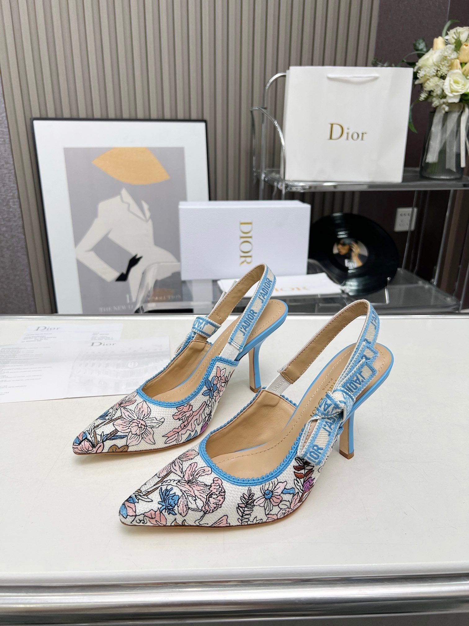 J'ADIOR SLINGBACK PUMP COLORFUL NATURAL RAFFIA AND EMBROIDERED COTTON 10 CM 130858