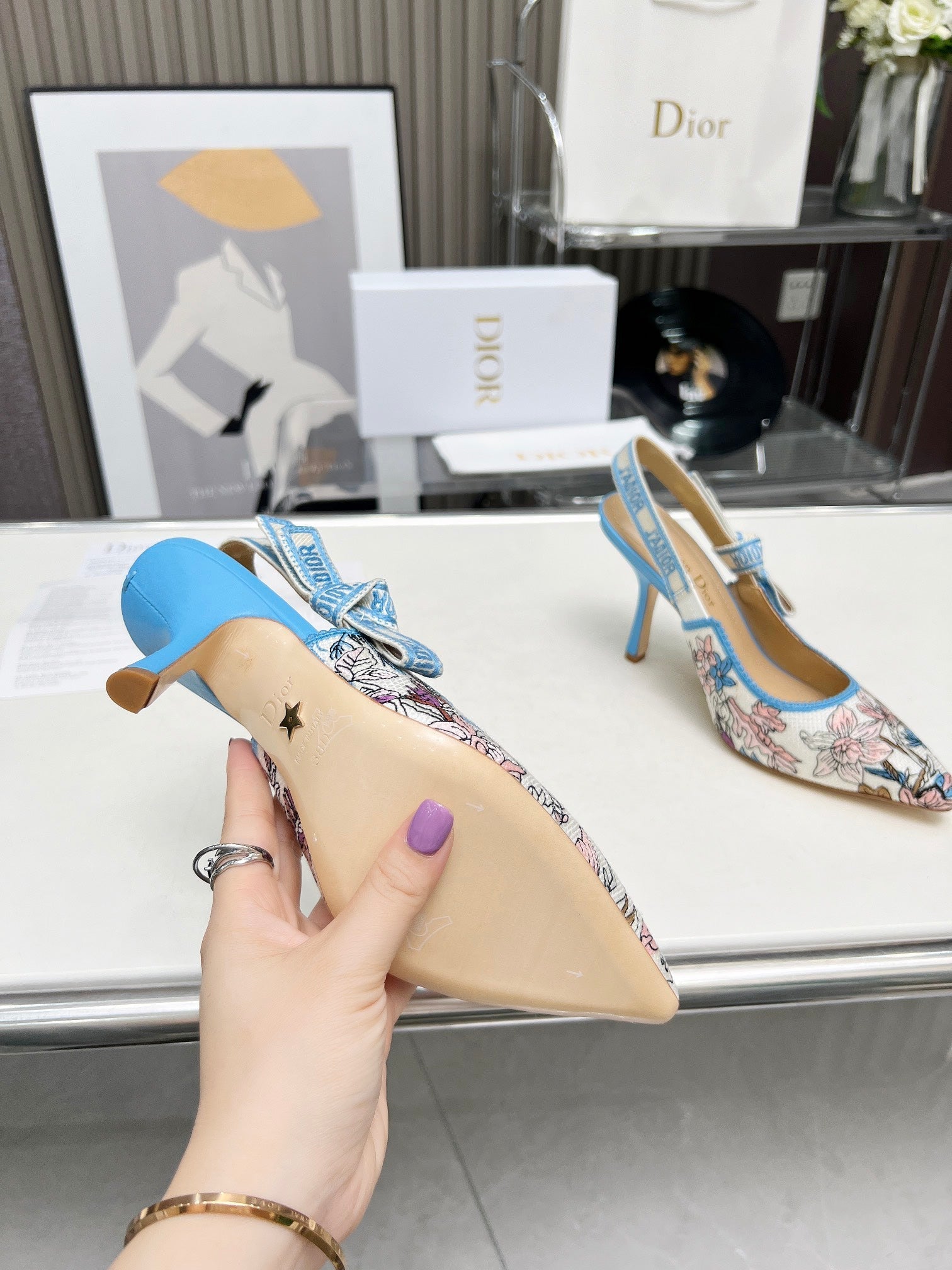 J'ADIOR SLINGBACK PUMP COLORFUL NATURAL RAFFIA AND EMBROIDERED COTTON 10 CM 130858