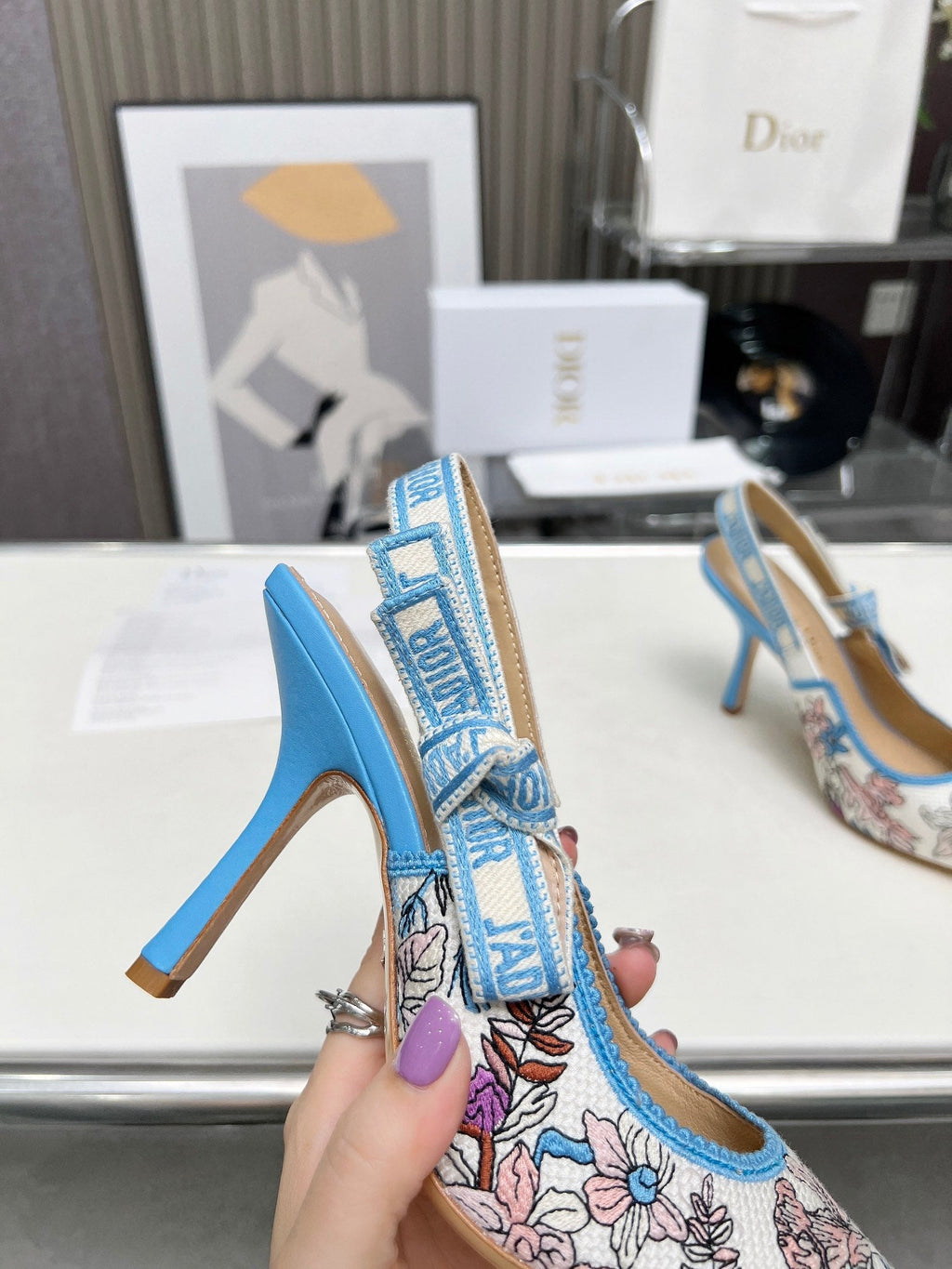 J'ADIOR SLINGBACK PUMP COLORFUL NATURAL RAFFIA AND EMBROIDERED COTTON 10 CM 130858