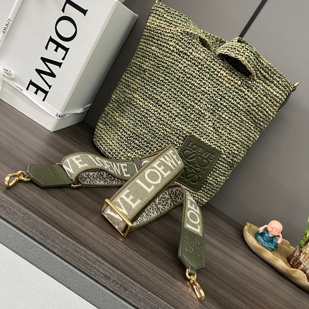 LOEWE 25S SLIT TOTE BAG 30 IN OLIVE DRAB RAFFIA CANVAS SHOULDER STRAP