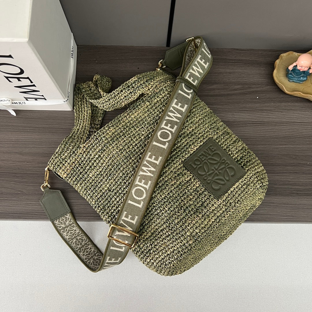 LOEWE 25S SLIT TOTE BAG 30 IN OLIVE DRAB RAFFIA CANVAS SHOULDER STRAP
