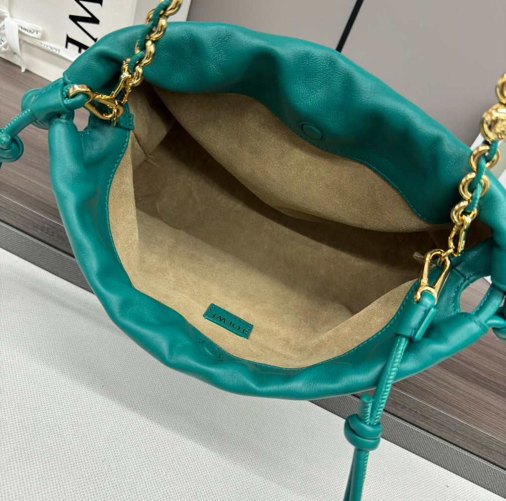 LOE MEDIUM 30 FLAMENCO PURSE BUCKET IN TEAL GREEN LAMBSKIN