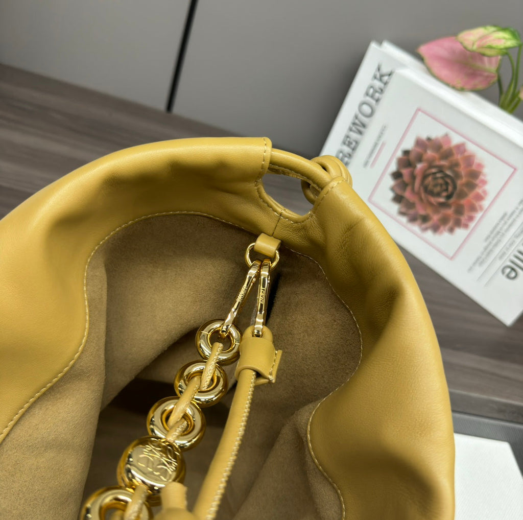 LOE LARGE 41 FLAMENCO PURSE BUCKET IN DIJON YELLOW LAMBSKIN GOLD HARDWARE