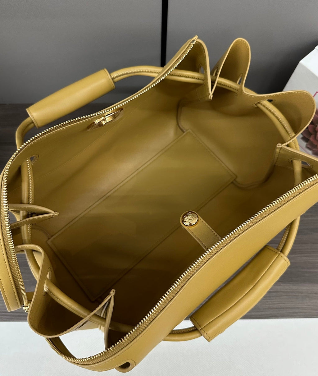 LOEWE 25S MADRID BAG 28 IN SAND YELLOW CALFSKIN GOLD HARDWARE