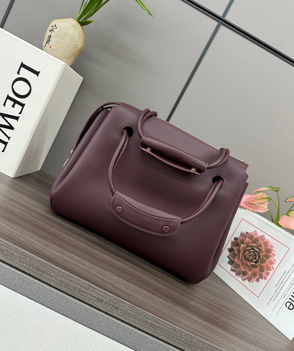 LOEWE 25S MADRID BAG 28 IN DARK WINE CALFSKIN GOLD HARDWARE