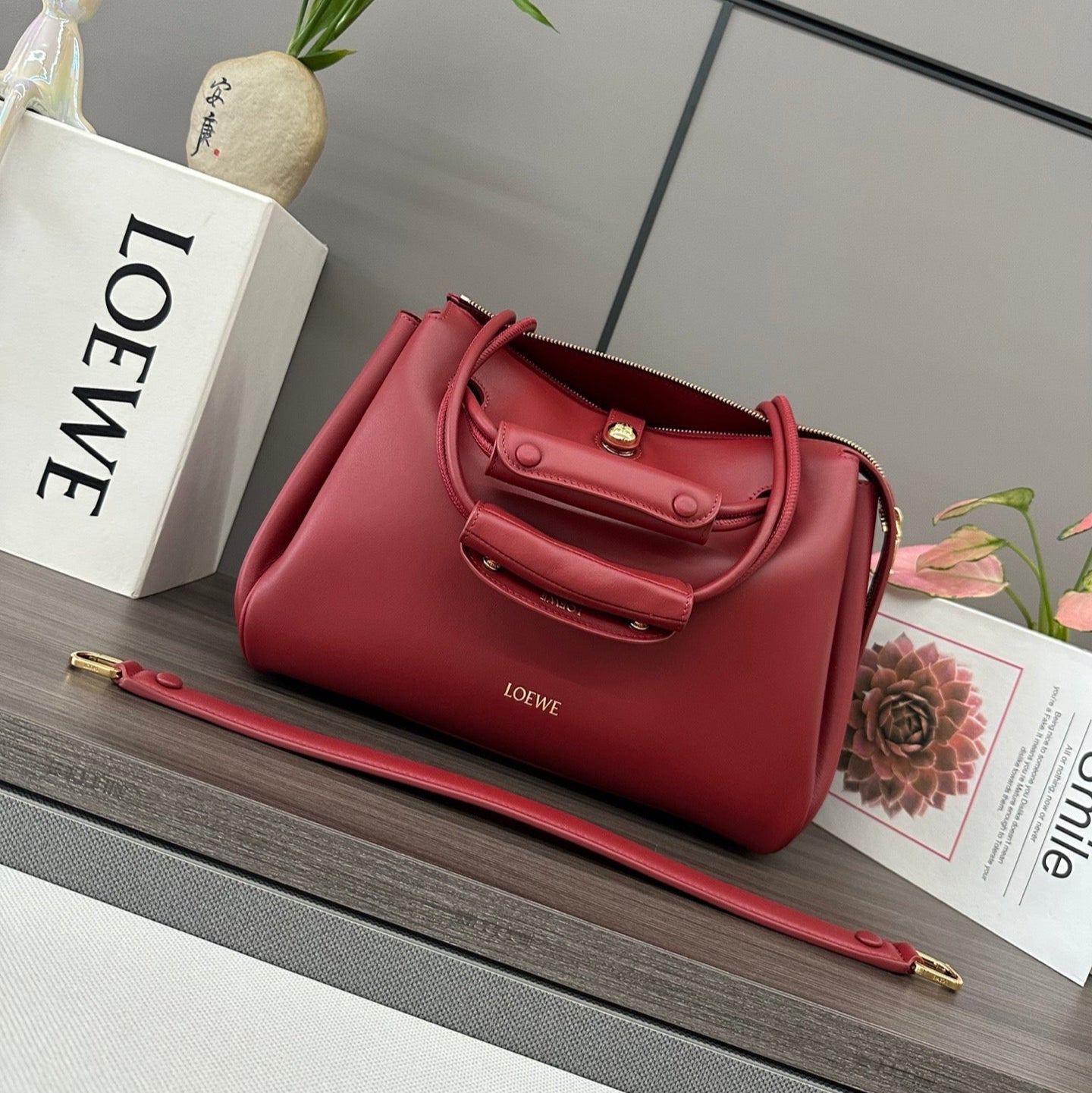 LOEWE 25S MADRID BAG 28 IN CHERRY RED CALFSKIN GOLD HARDWARE
