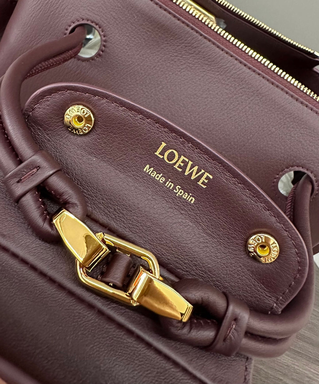 LOEWE 25S MEDIUM MADRID BAG 23 IN DARK WINE CALFSKIN GOLD HARDWARE