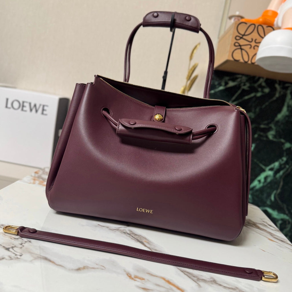 LOEWE 25S LARGE MADRID BAG 33 IN DARK WINE CALFSKIN GOLD HARDWARE