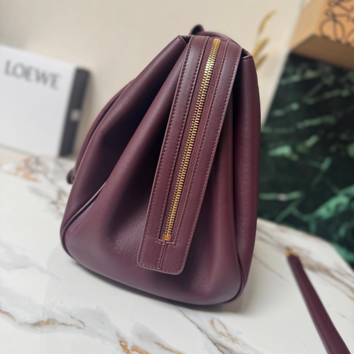 LOEWE 25S LARGE MADRID BAG 33 IN DARK WINE CALFSKIN GOLD HARDWARE