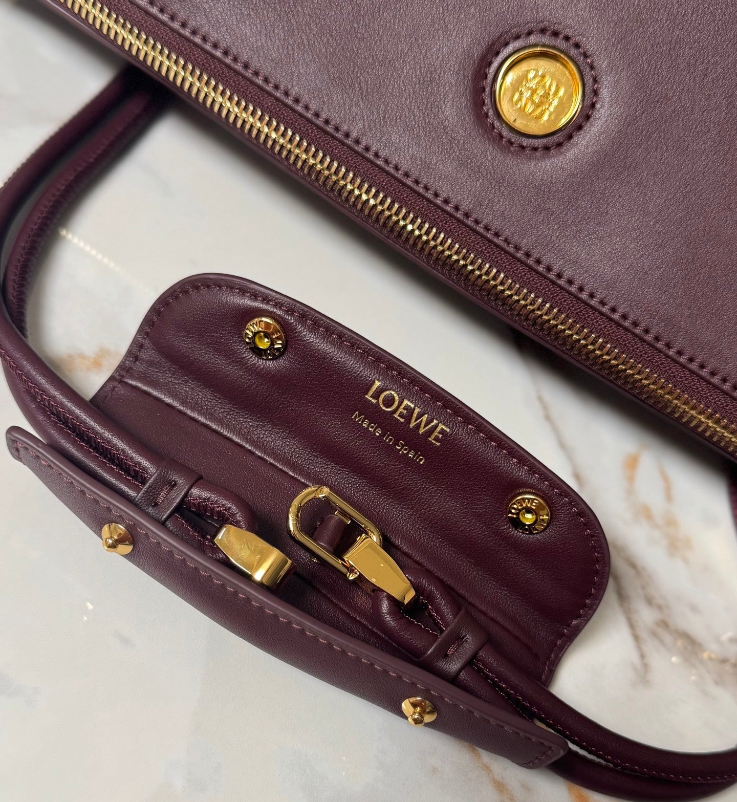 LOEWE 25S LARGE MADRID BAG 33 IN DARK WINE CALFSKIN GOLD HARDWARE