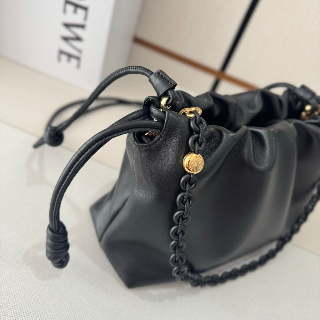 LOEWE 25S FLAMENCO PURSE 30 IN FULL BLACK NAPPA LEATHER GOLD HARDWARE