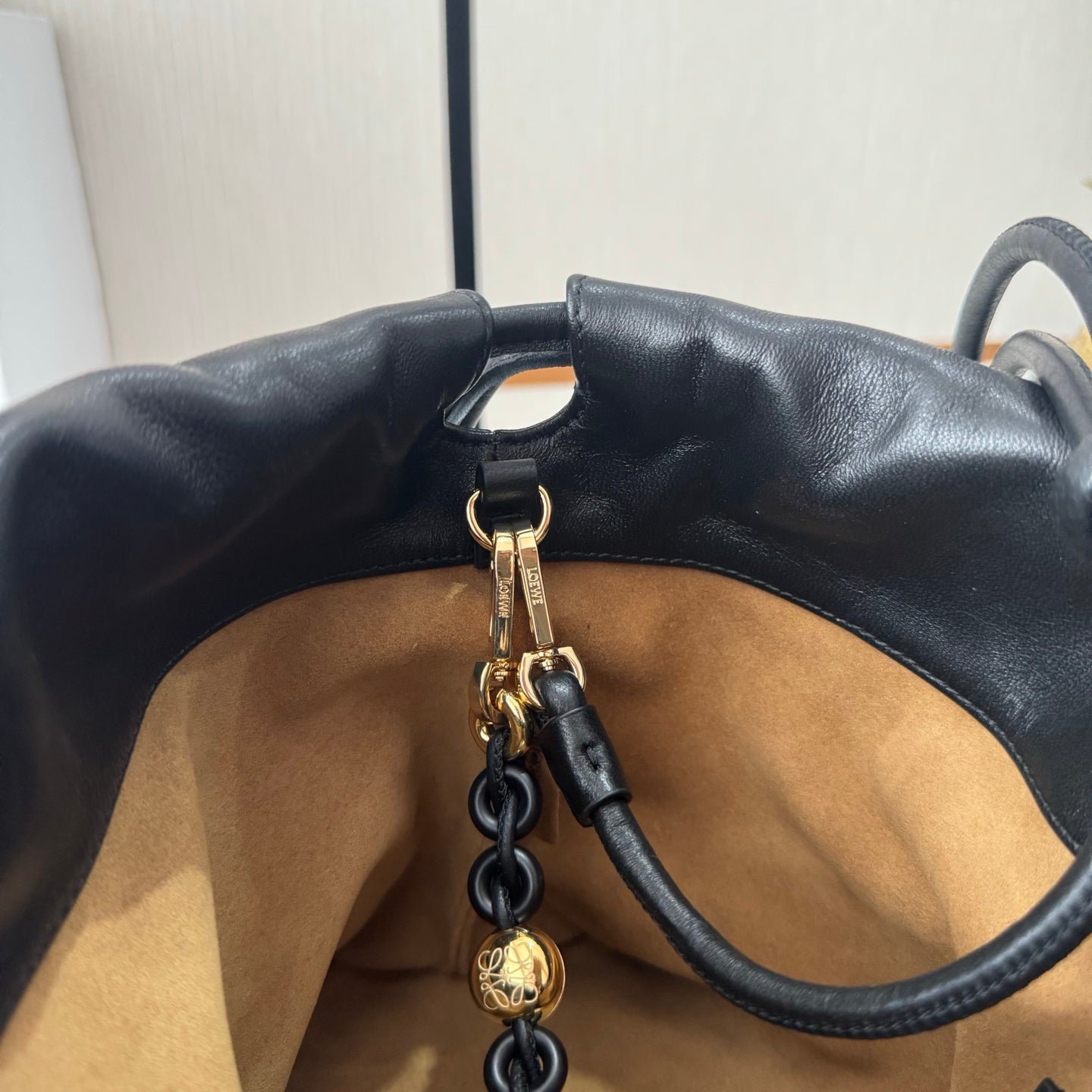 LOEWE 25S FLAMENCO PURSE 30 IN FULL BLACK NAPPA LEATHER GOLD HARDWARE