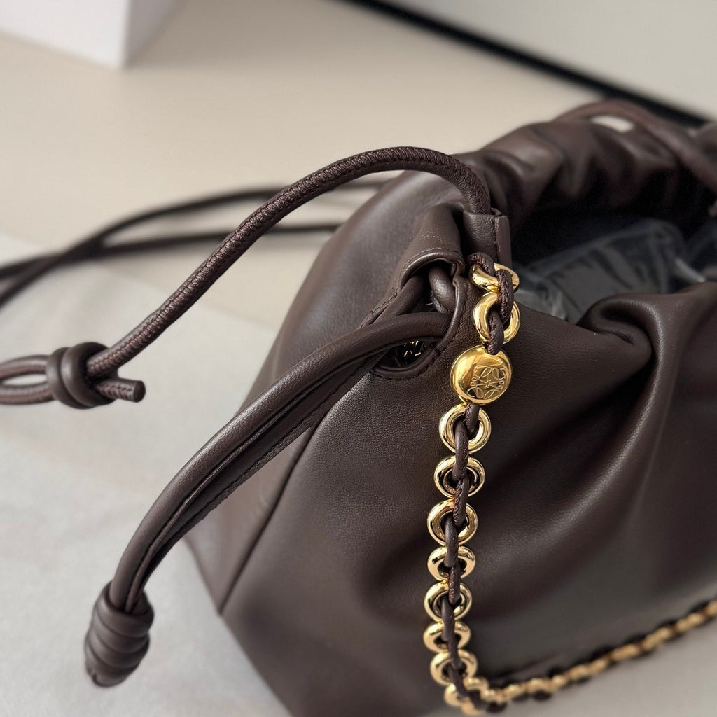 LOEWE 25S FLAMENCO PURSE 30 IN BROWN NAPPA LEATHER GOLD HARDWARE