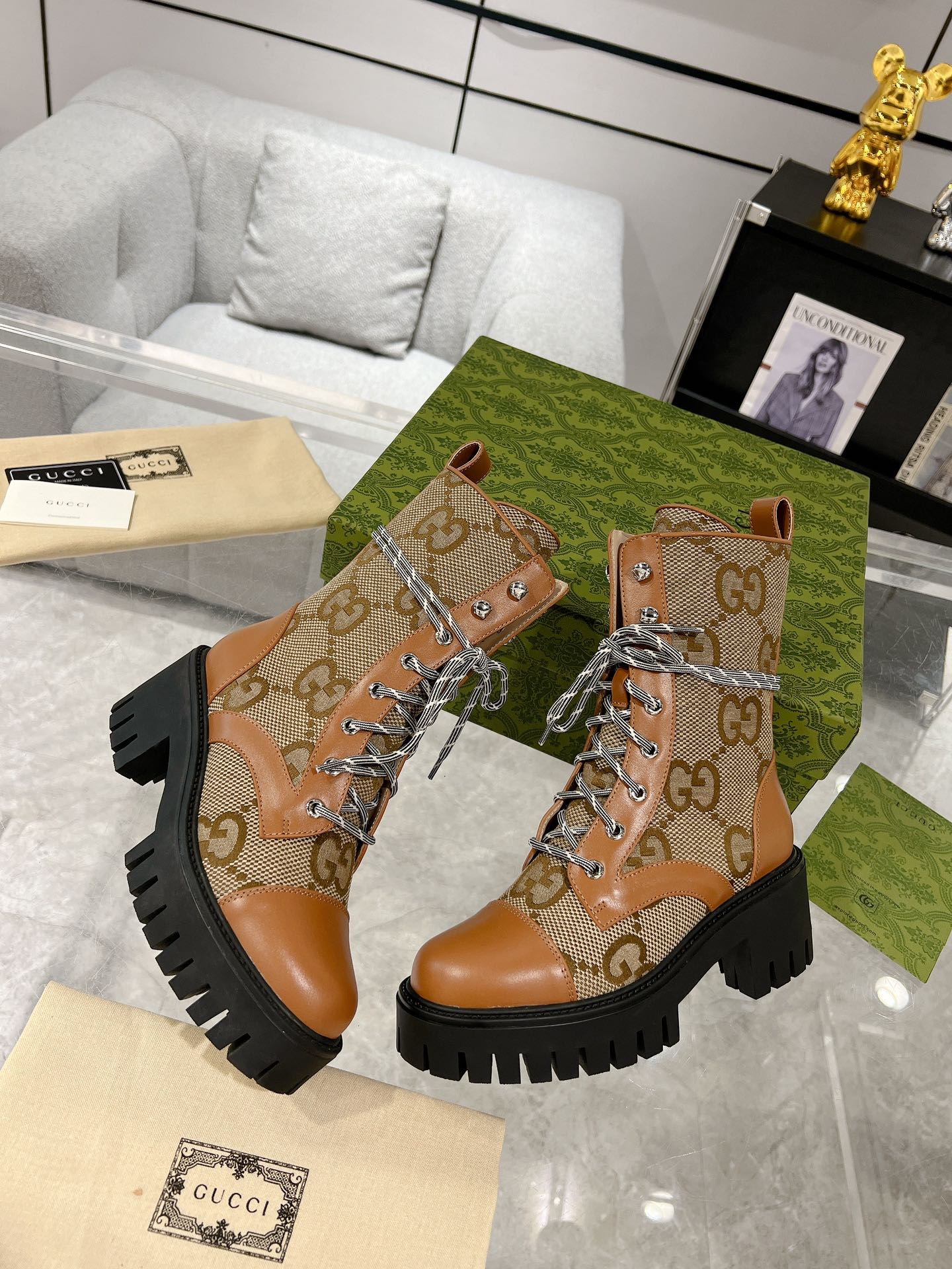 GG LACE-UP SHORT BOOTS IN CINNAMON BROWN CANVAS MIX CALFSKIN