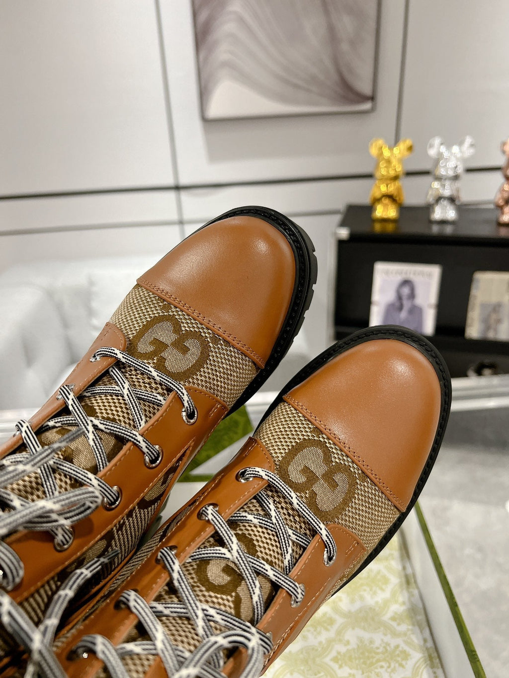 GG LACE-UP SHORT BOOTS IN CINNAMON BROWN CANVAS MIX CALFSKIN