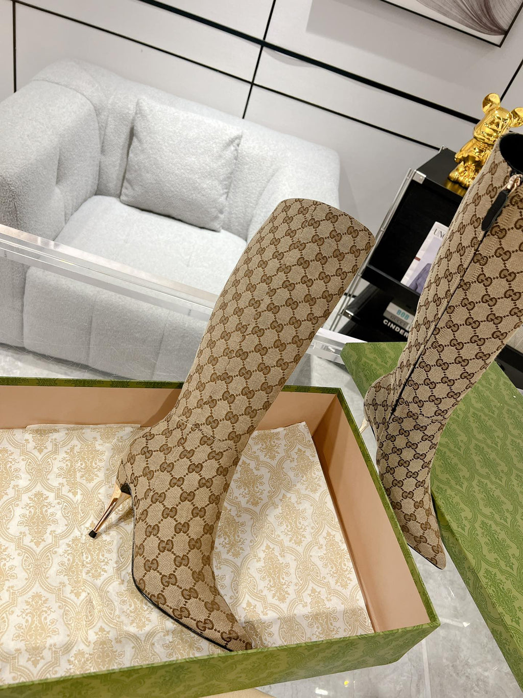 GG KNEE BOOTS IN BEIGE MONOGRAM JACQUARD FABRIC AND CALFSKIN LINING