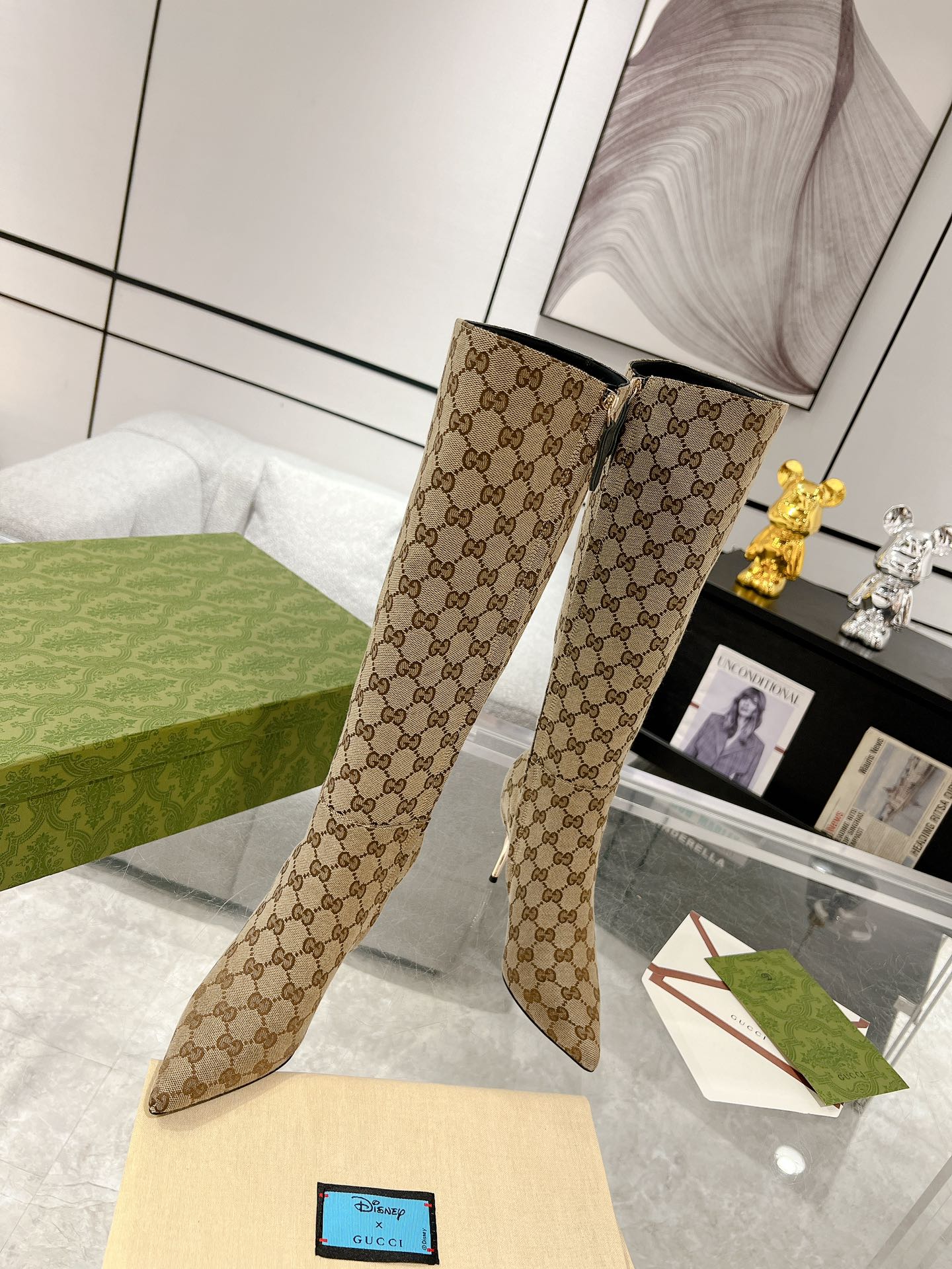 GG KNEE BOOTS IN BEIGE MONOGRAM JACQUARD FABRIC AND CALFSKIN LINING