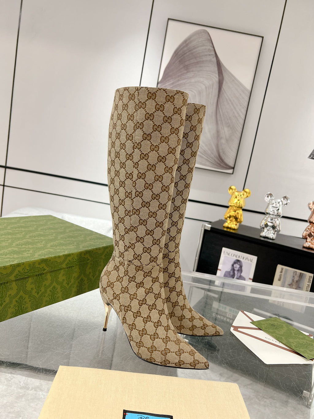 GG KNEE BOOTS IN BEIGE MONOGRAM JACQUARD FABRIC AND CALFSKIN LINING