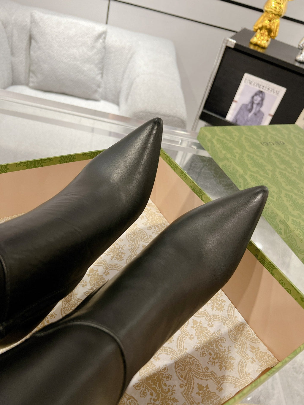 GG KNEE BOOTS IN BLACK CALFSKIN WITH GOLD PLATED HEEL