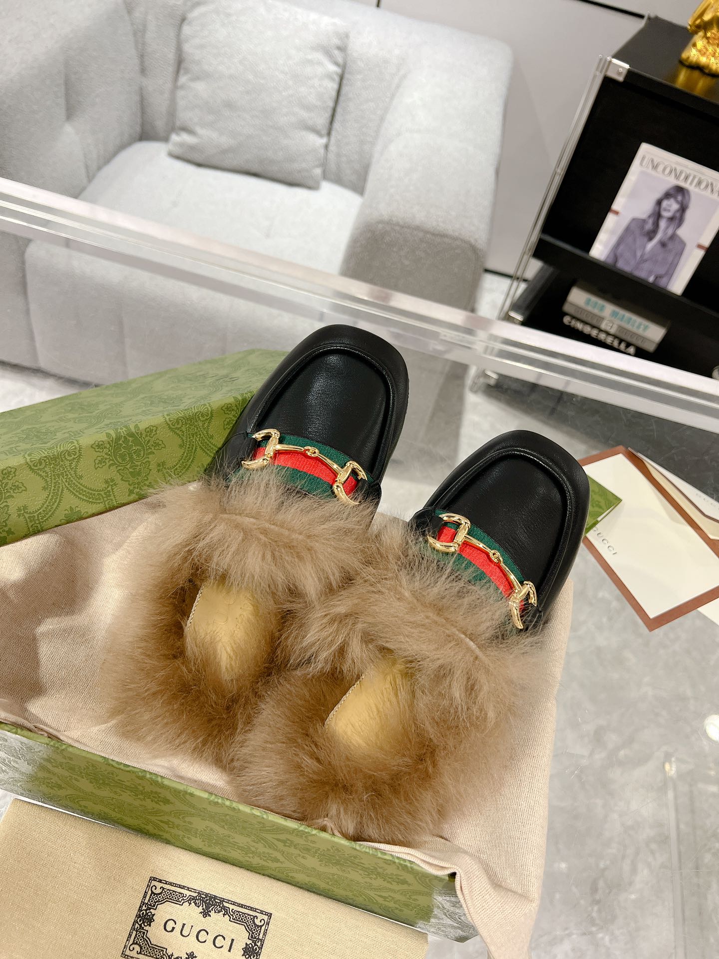 HORSEBIT MULE WITH WEB IN BLACK CALFSKIN MIX MINK FUR