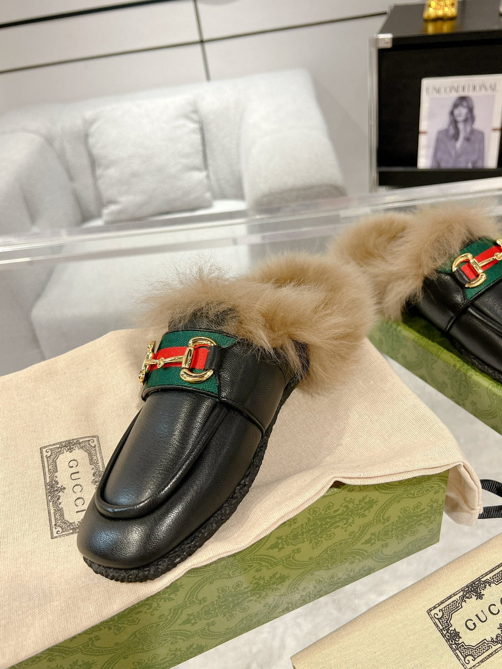 HORSEBIT MULE WITH WEB IN BLACK CALFSKIN MIX MINK FUR