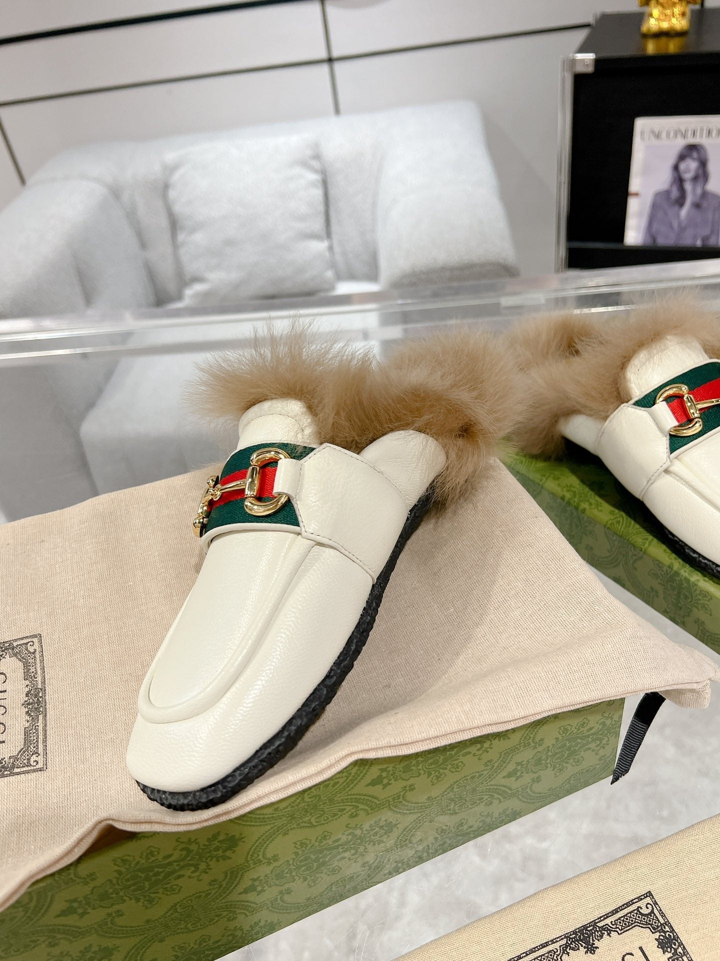 HORSEBIT MULE WITH WEB IN WHITE CALFSKIN MIX MINK FUR