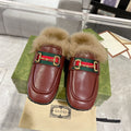 HORSEBIT MULE WITH WEB IN WINE RED CALFSKIN MIX MINK FUR