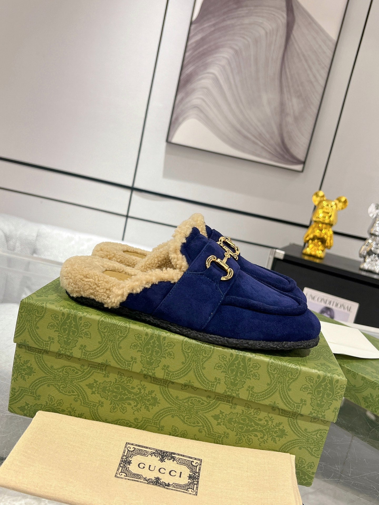 HORSEBIT MULE IN ROYAL BLUE SUEDE AND FLEECE LINING