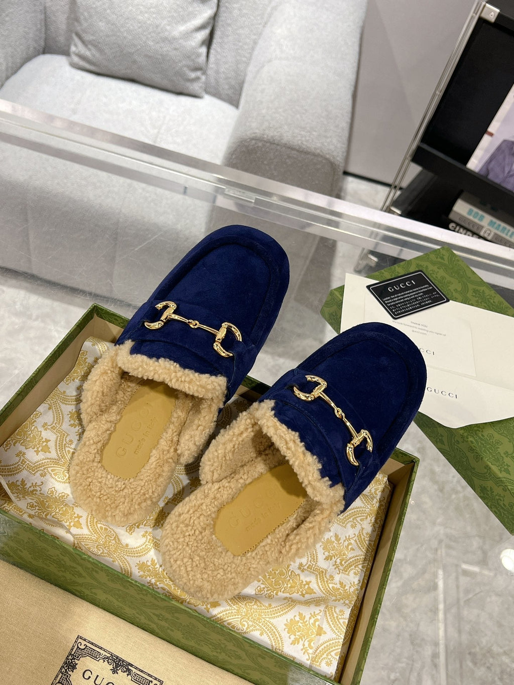 HORSEBIT MULE IN ROYAL BLUE SUEDE AND FLEECE LINING